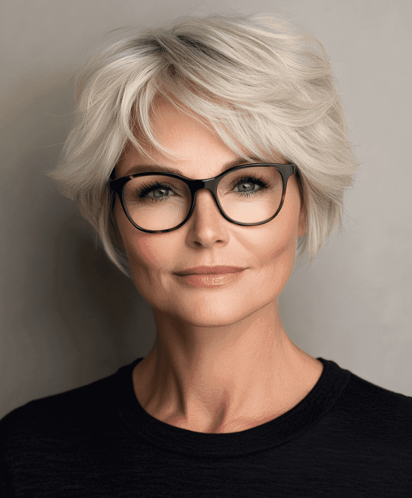 Coupe de cheveux au carré dégradé pour femme de plus de 50 ans avec lunettes