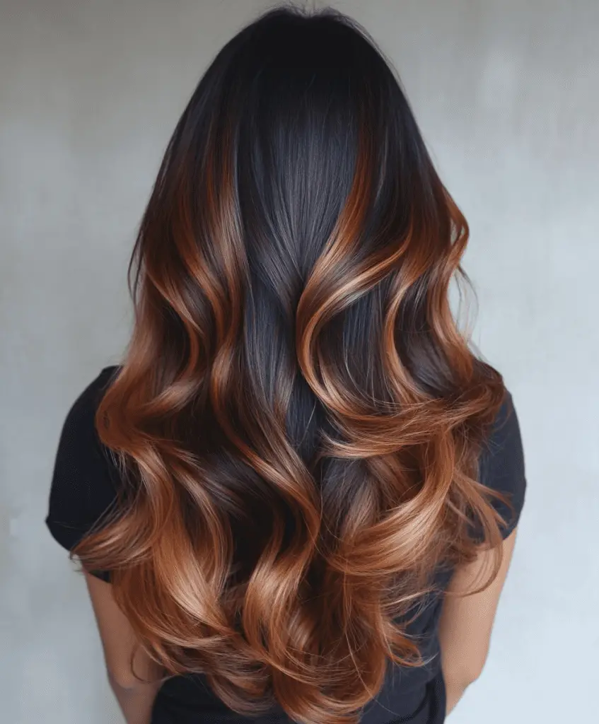 Dark brown hair with blonde balayage for a natural sun-kissed effect