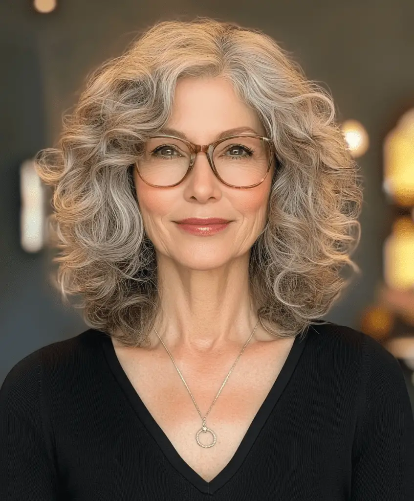 Woman with a curly bob hairstyle and a side part