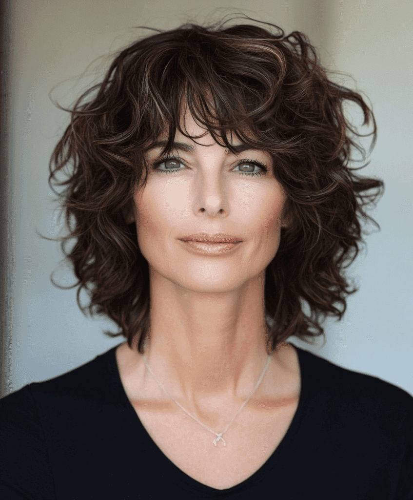 Layered curls with bangs hairstyle for older women