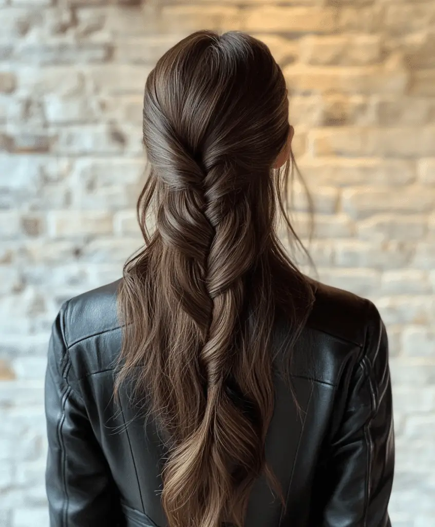 Woman with a long fishtail braid, her dark brown hair styled in an intricate braid