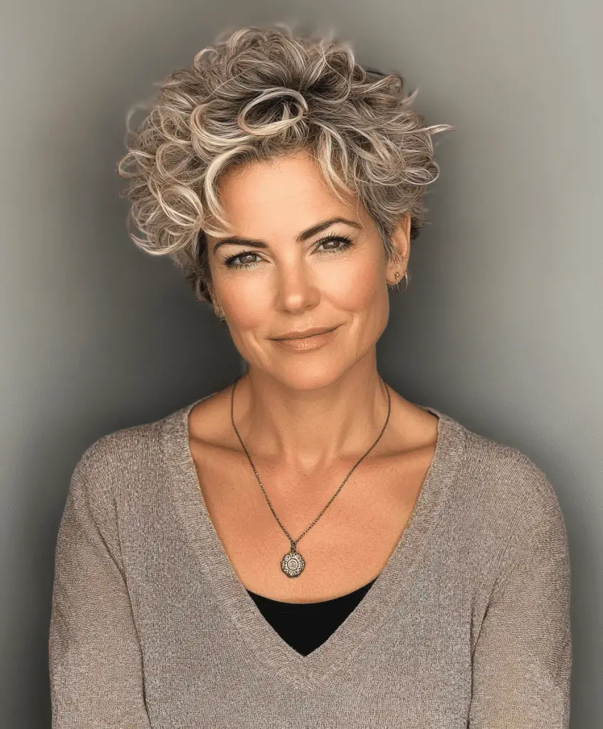 Curly pixie hairstyle with undercut for women over 50