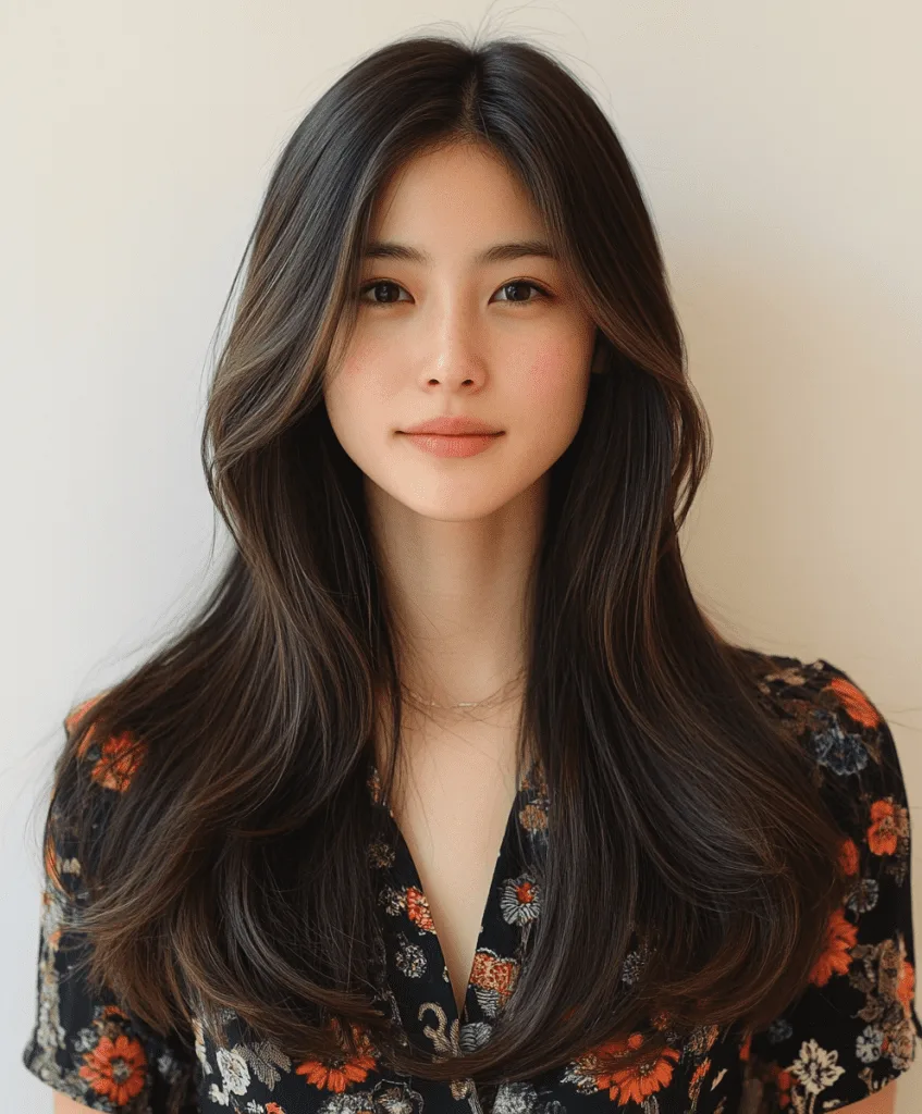 Long layered hairstyle with center part for thin hair