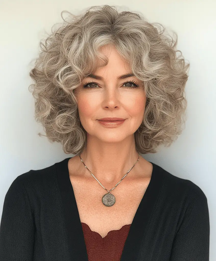 Curly hairstyle with side-swept bangs for older women