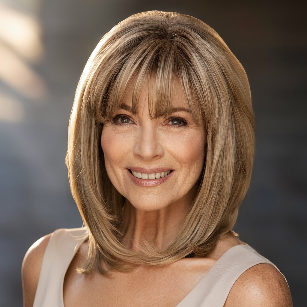 Long bob hairstyle with bangs for women over 60