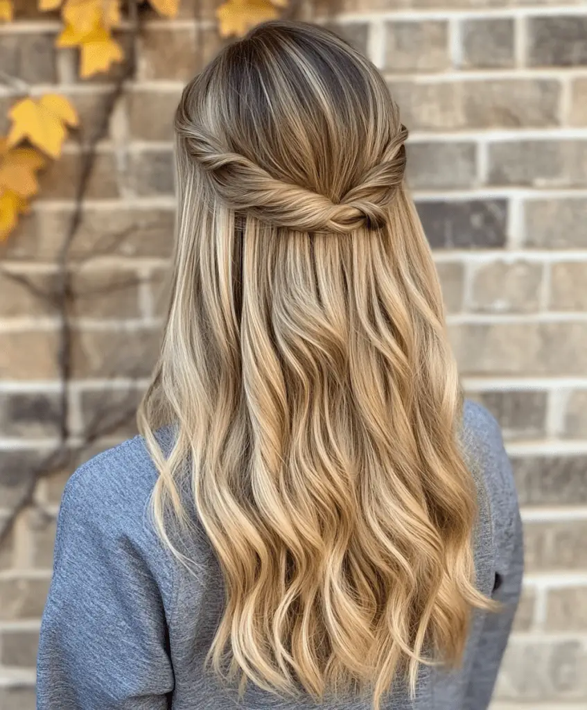 Woman with a long waterfall braid in blonde hair, creating a romantic and flowing hairstyle