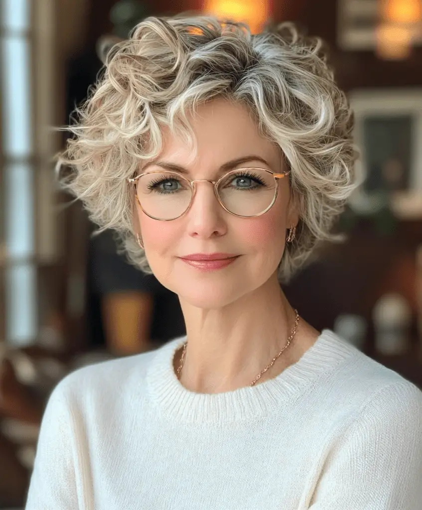 Woman with a curly pixie cut