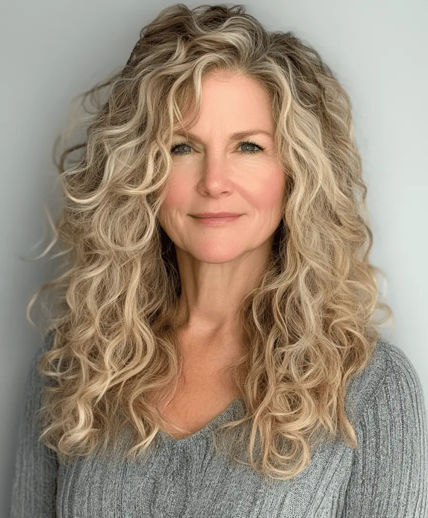 Curly hairstyle with blonde highlights for older women