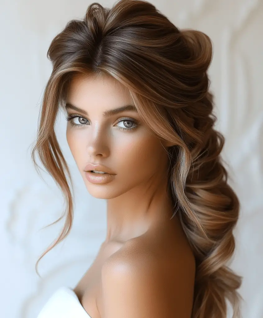 Woman with a long twisted crown hairstyle, her dark brown hair styled in an elegant updo