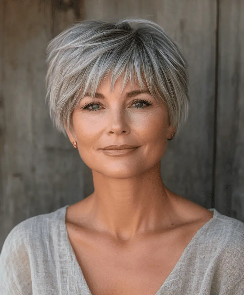 Short crop hairstyle with bangs for women over 50