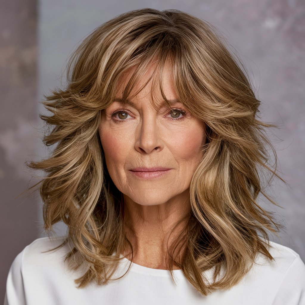 Wavy shoulder-length hairstyle with bangs for women over 60