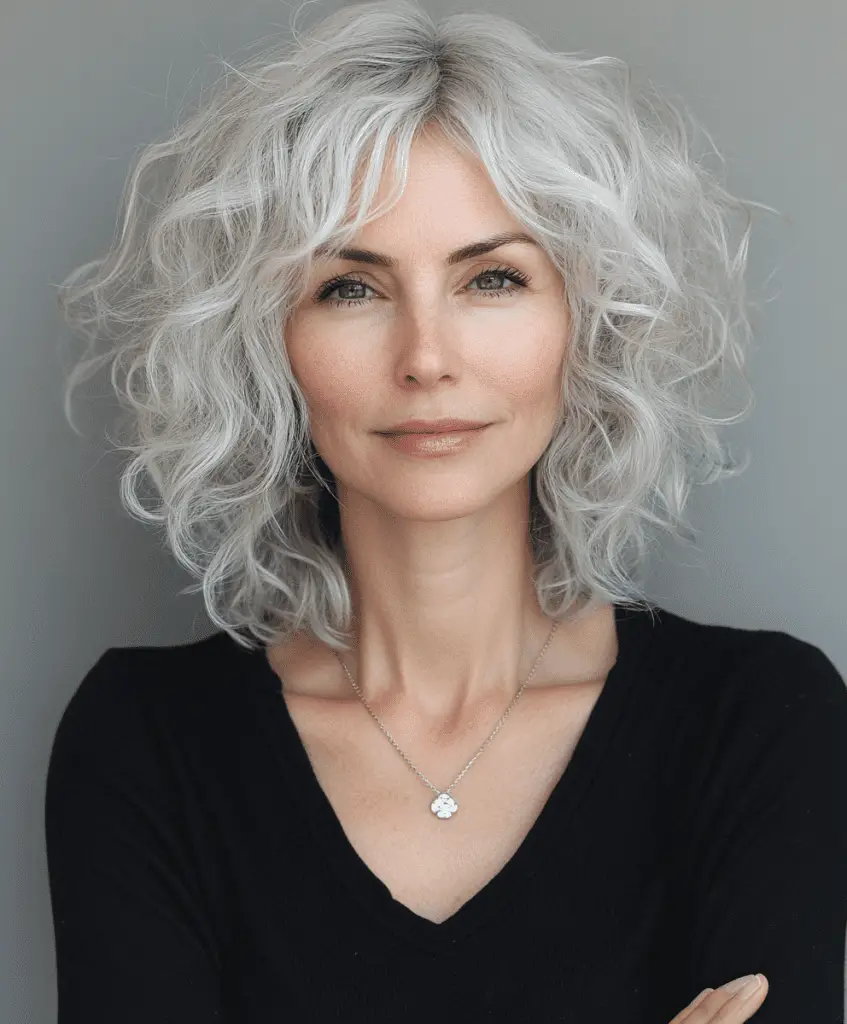 Curly hairstyle with soft fringe for women over 50