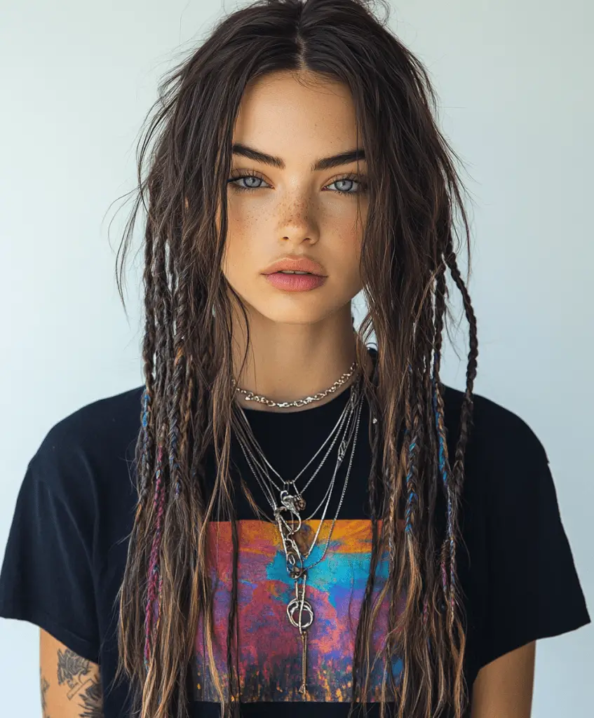 Woman with long bohemian braids in blonde hair, creating a relaxed and textured hairstyle