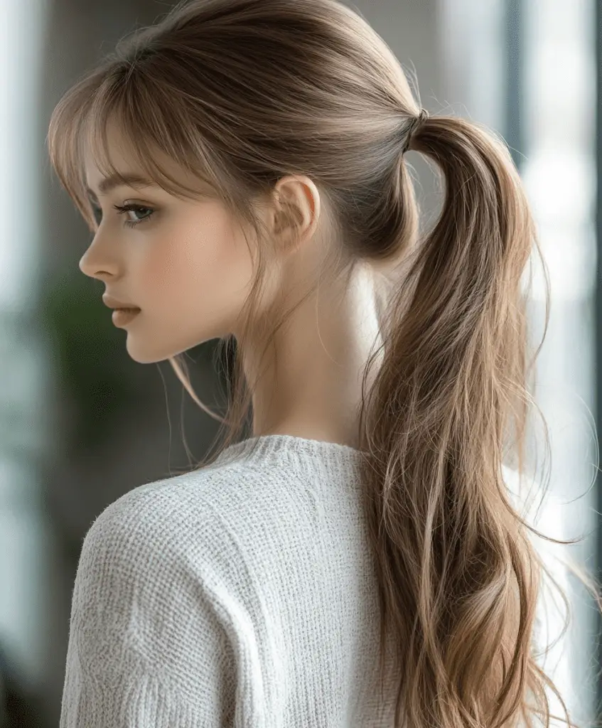 Woman with a sleek low ponytail, showcasing her long dark brown hair