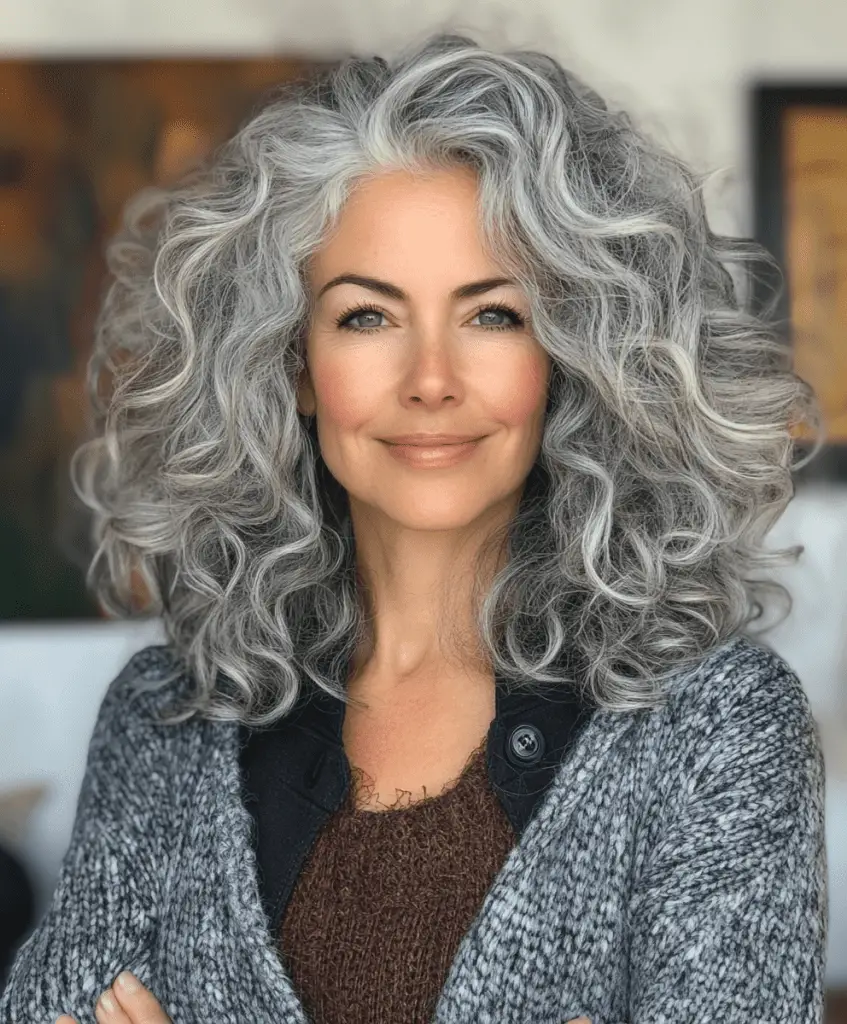 Curly hairstyle with grey accents for women over 50