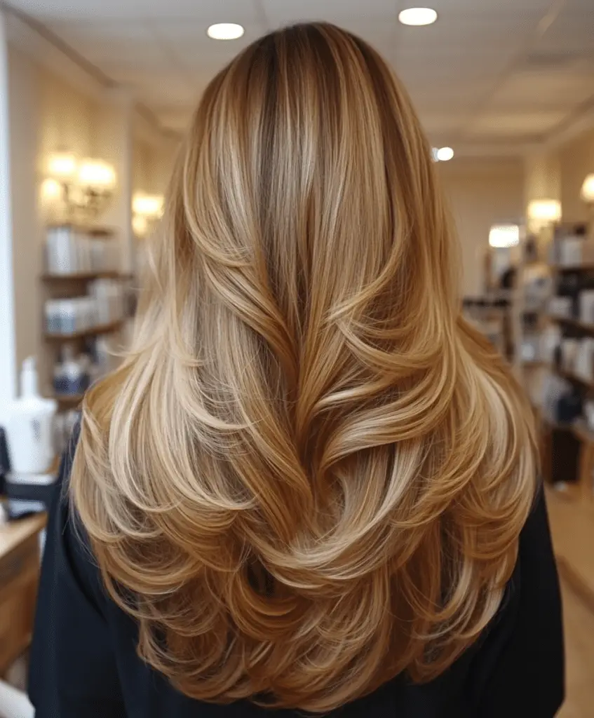 Woman with long layered hair and balayage highlights, adding depth to her dark brown hair