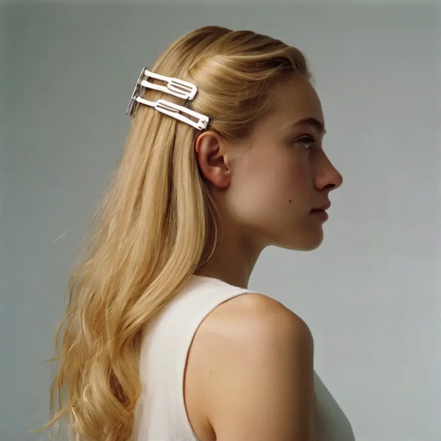 Woman clipping one section of her hair with a large hair clip to keep it out of the way