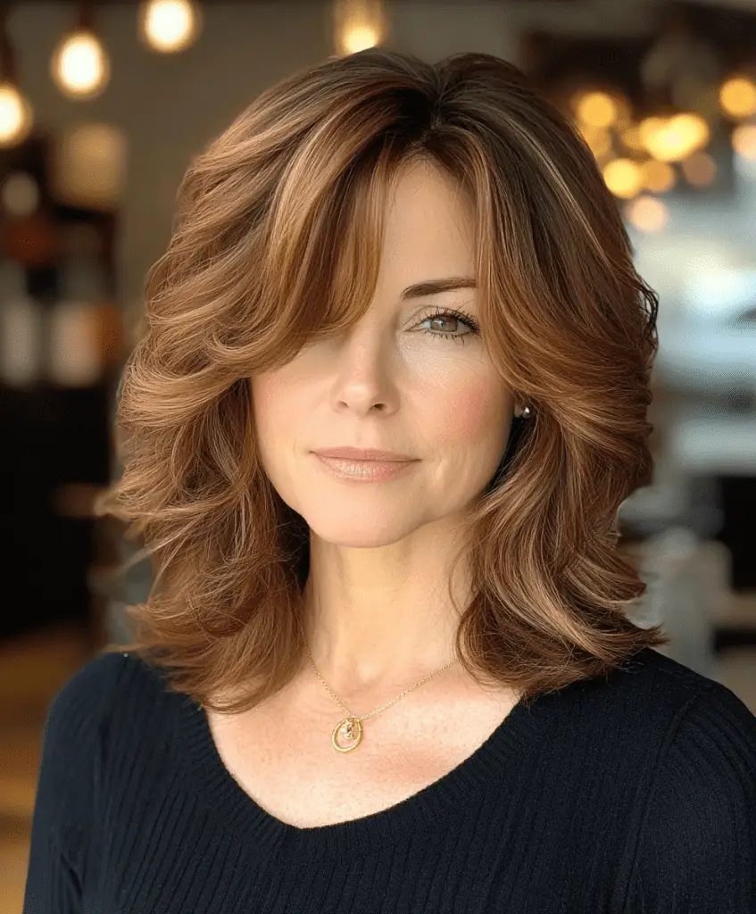 Curled lob with side-swept bangs creating a soft