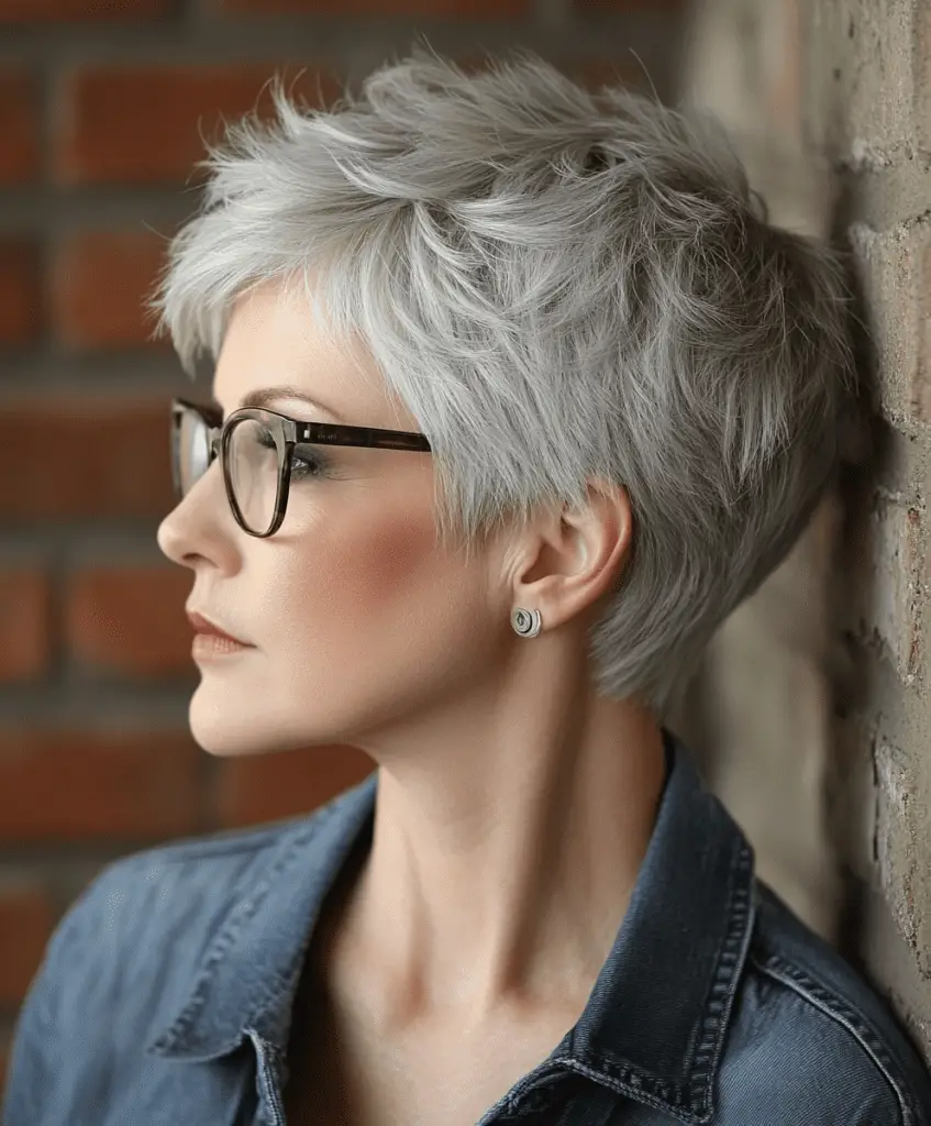 Shaggy pixie cut for women over 50 wearing glasses