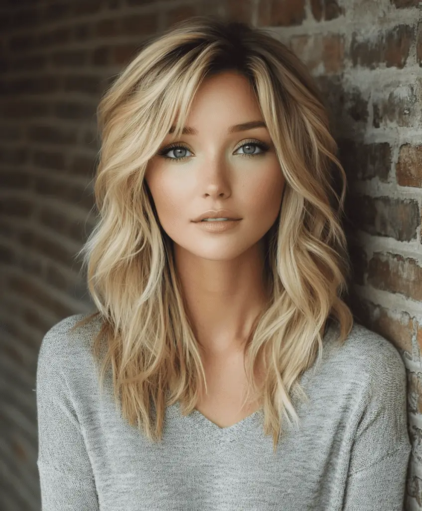 A close-up of medium-length hair styled in textured waves with a deep side part