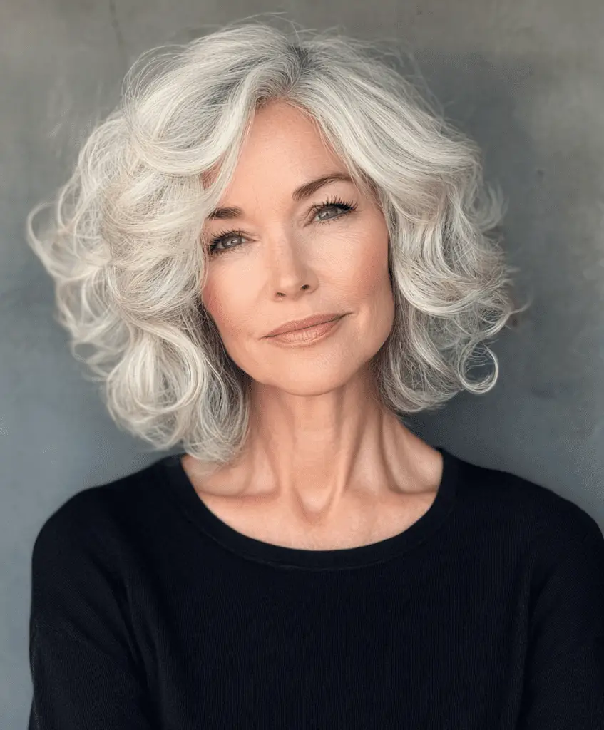 Shoulder-length curly hairstyle for women over 50