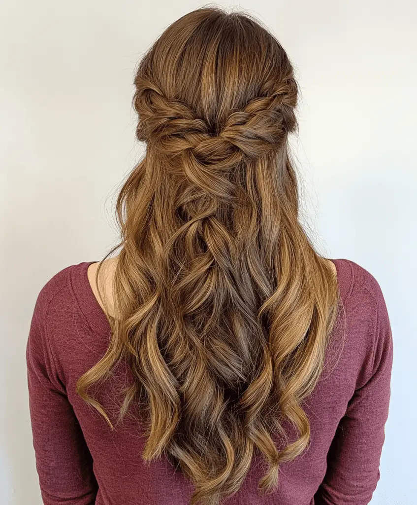 Woman with a long braided crown hairstyle, her blonde hair styled in an intricate updo