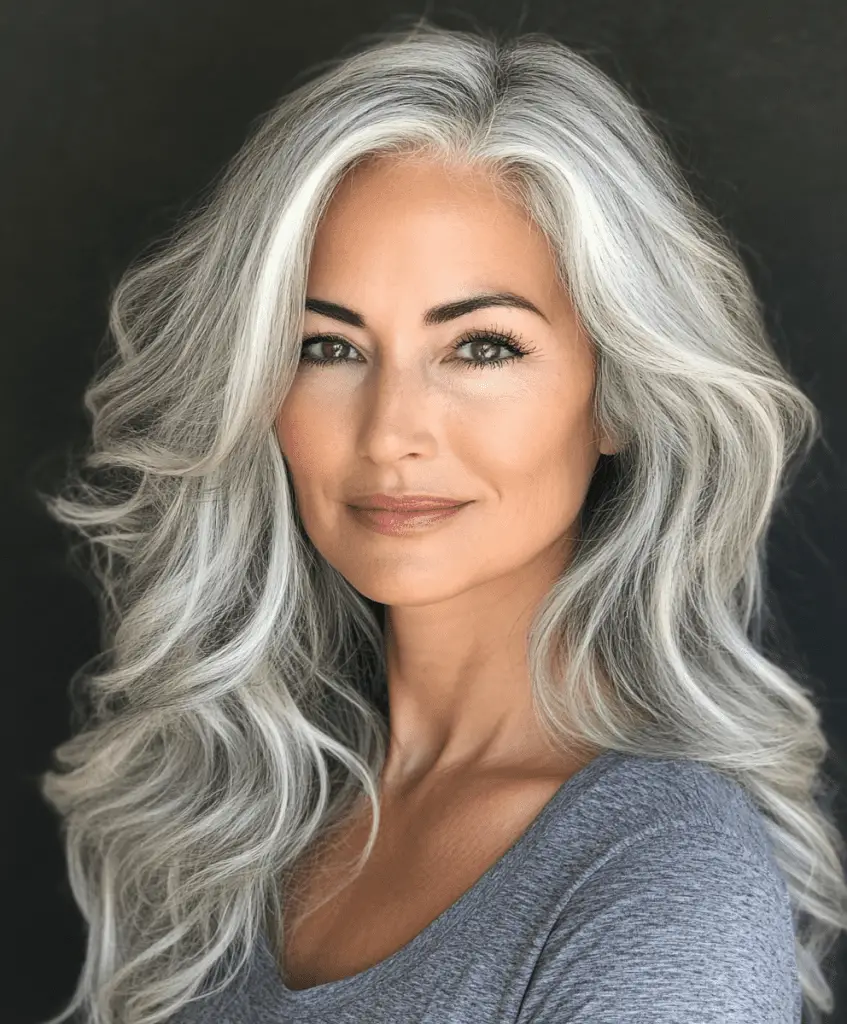 Long layered hairstyle with volume for women over 50