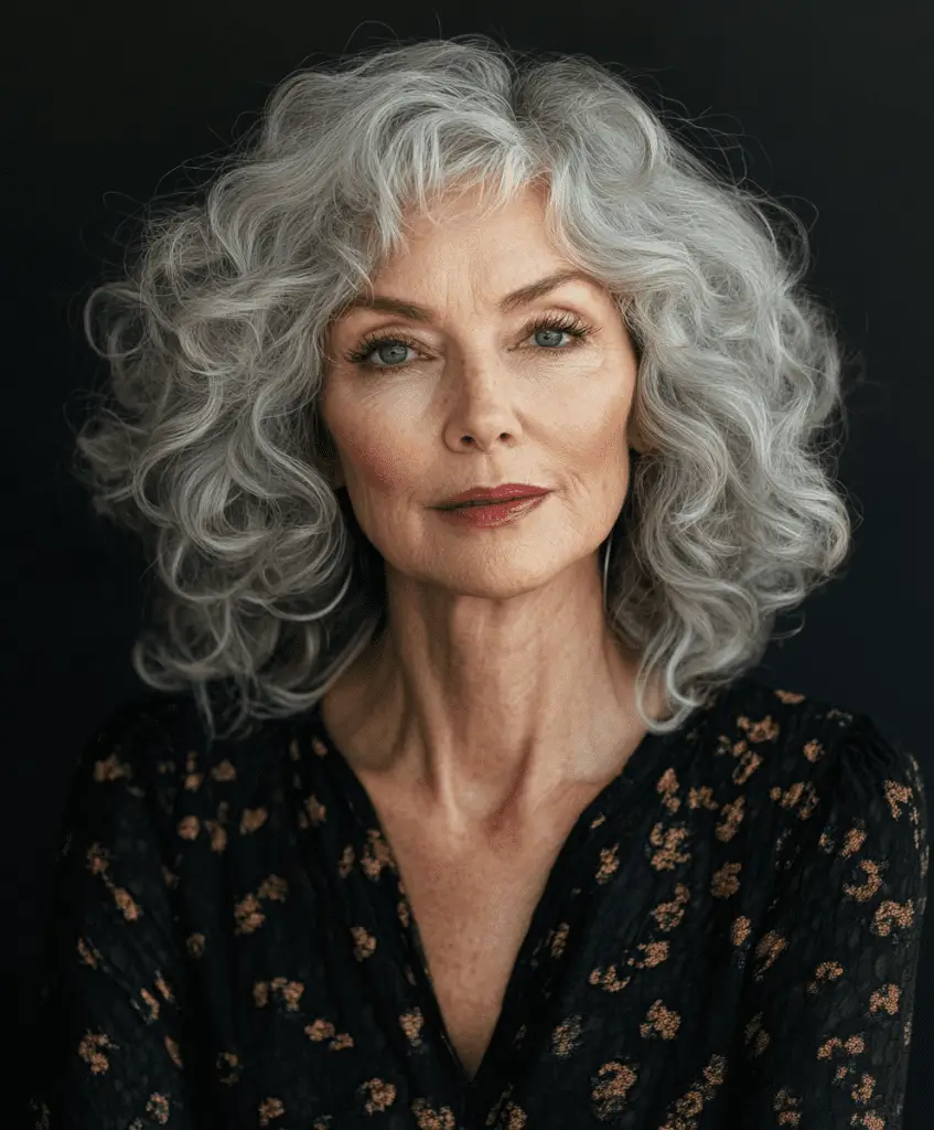 Curly hairstyle with a deep side part for older women