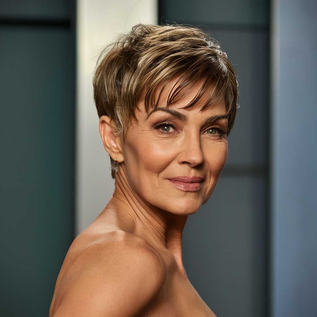 Pixie cut with baby bangs for women over 60