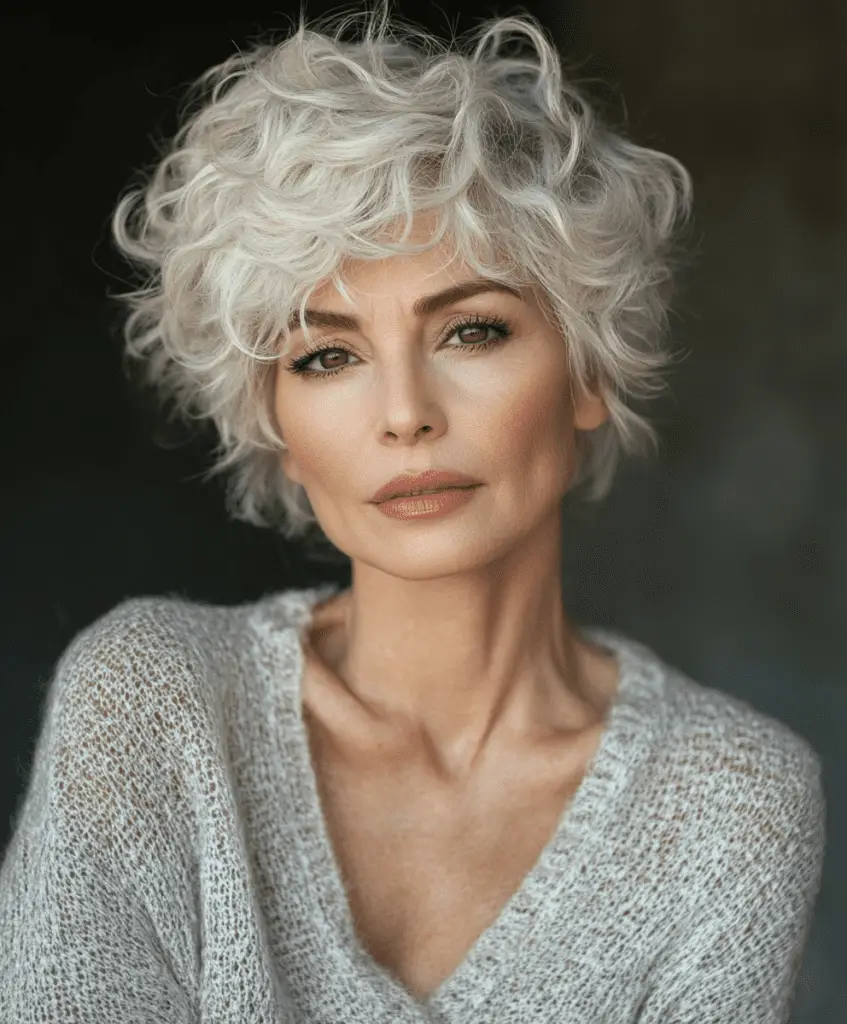 Curly pixie hairstyle with long bangs for women over 50