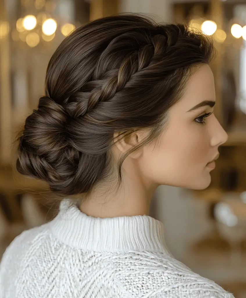 Woman with a long braided bun, her dark brown hair styled in a chic updo