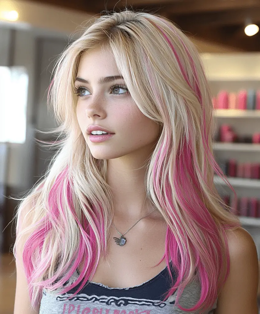 Blonde hair with subtle pink highlights