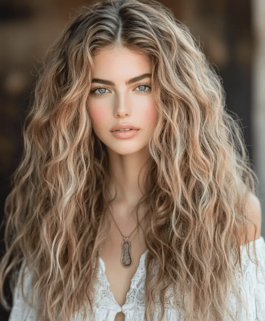 Woman with long crimped hair in a blonde shade, adding texture and volume