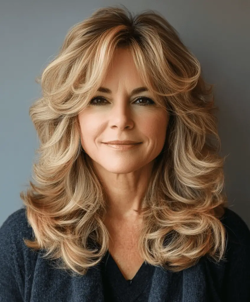 Curled shag medium-length hairstyle with highlights