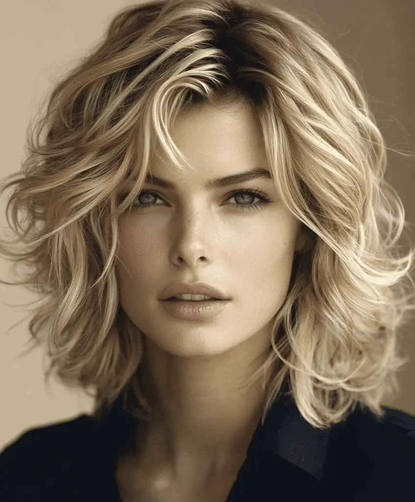 Side-swept curls with highlights for medium-length hair