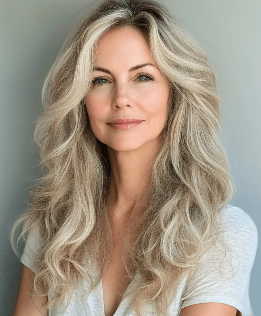 Low ponytail with side part for women over 50 with long hair