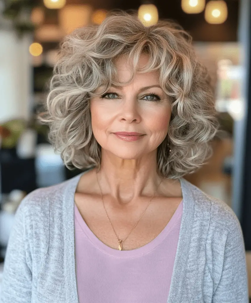 Curly hairstyle with face-framing layers for women over 50