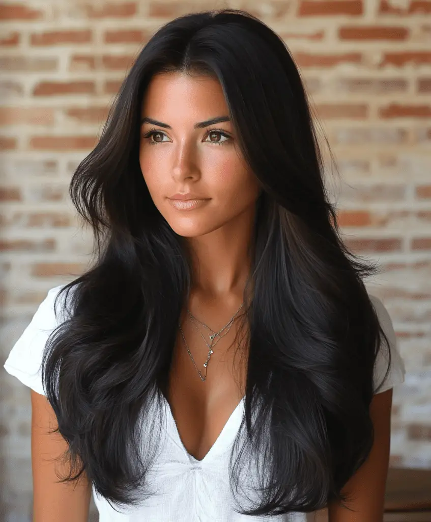 Woman with long brown hair styled with a deep side part, creating a voluminous hairstyle