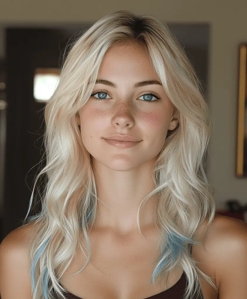 Blonde hair with bold blue tips on long