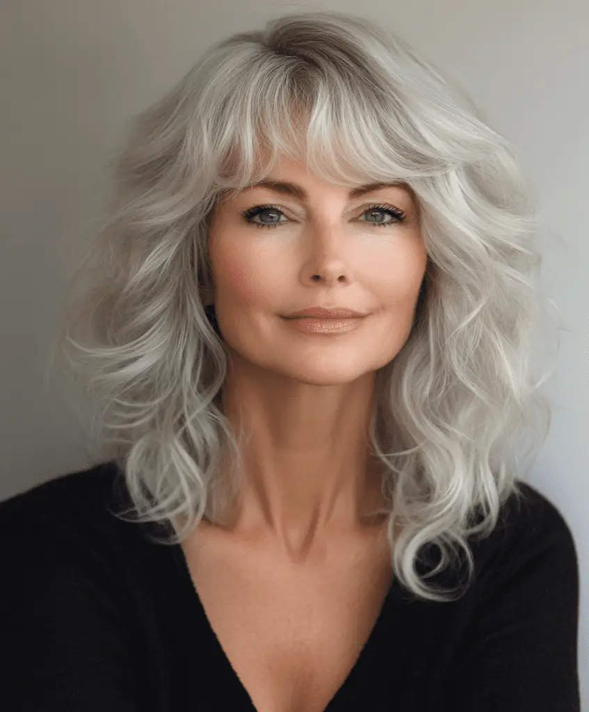 Medium-length curly hairstyle with bangs for older women