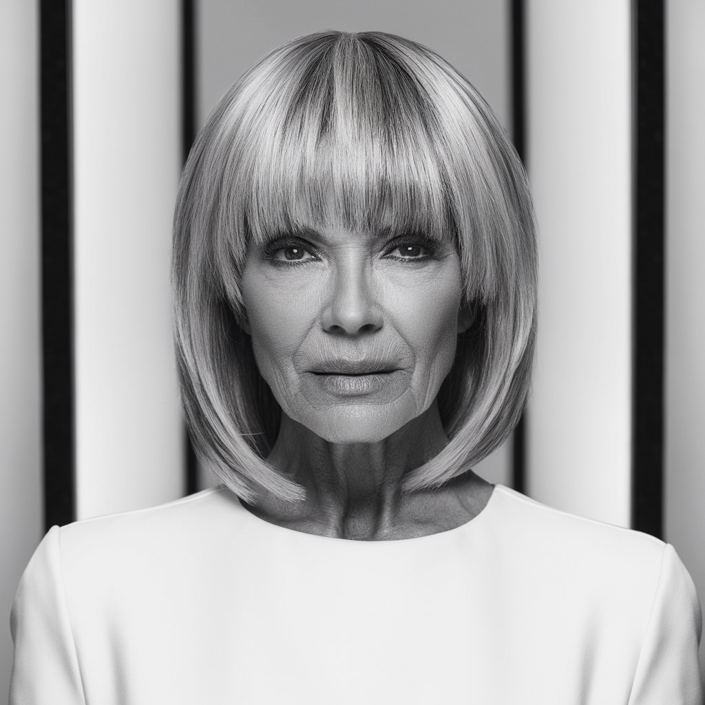 Blunt cut with long bangs for women over 60