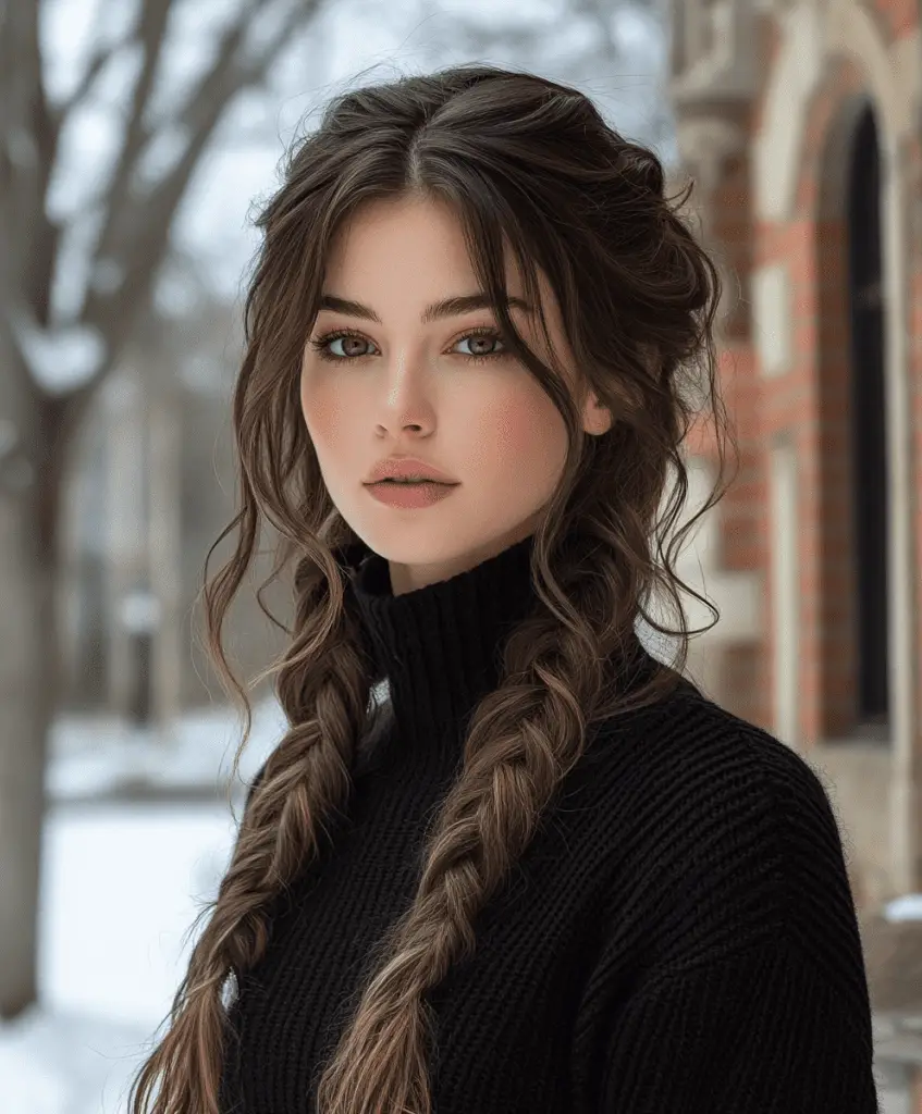 Woman with long Dutch braids in dark brown hair, creating a raised, intricate hairstyle