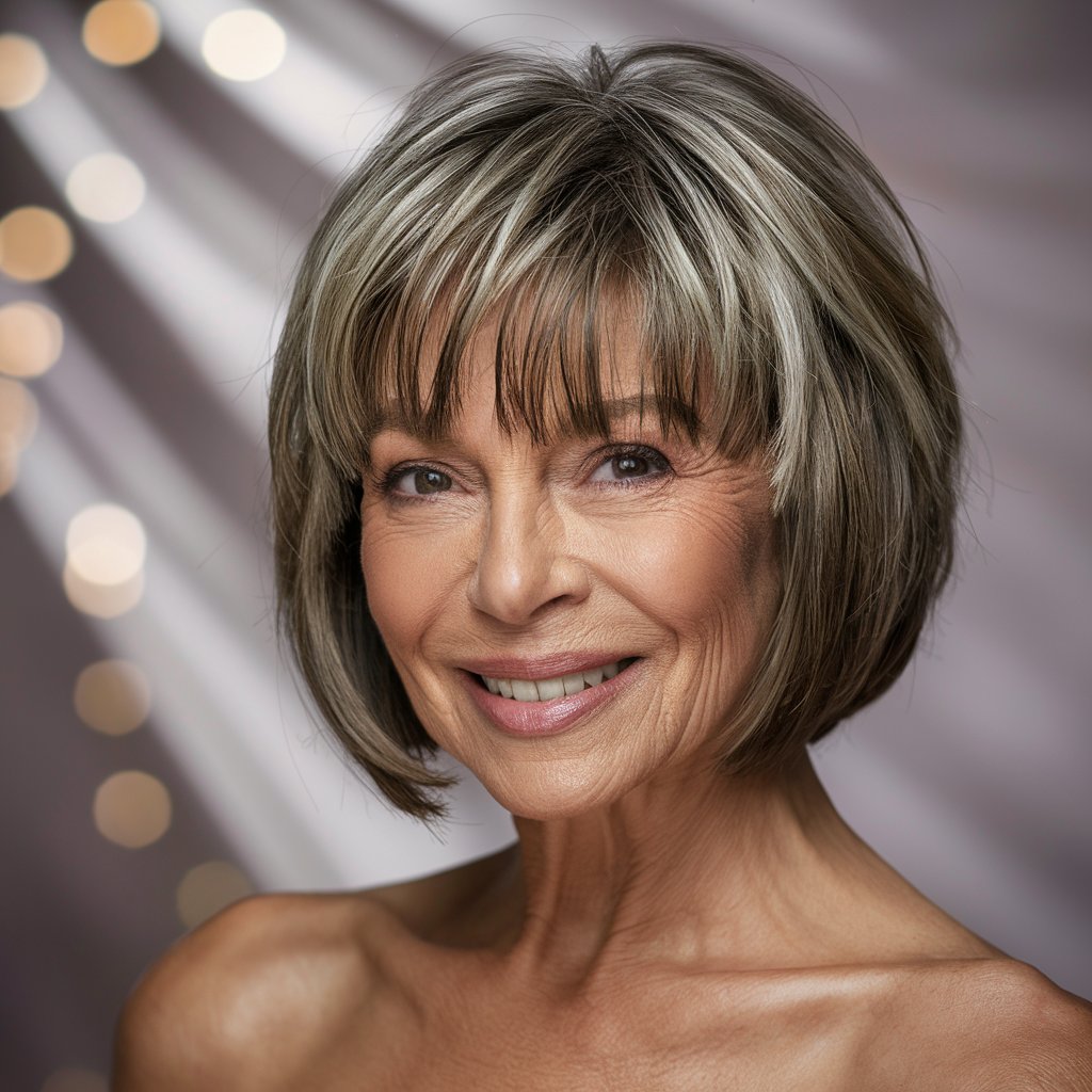 Short bob with choppy bangs for women over 60