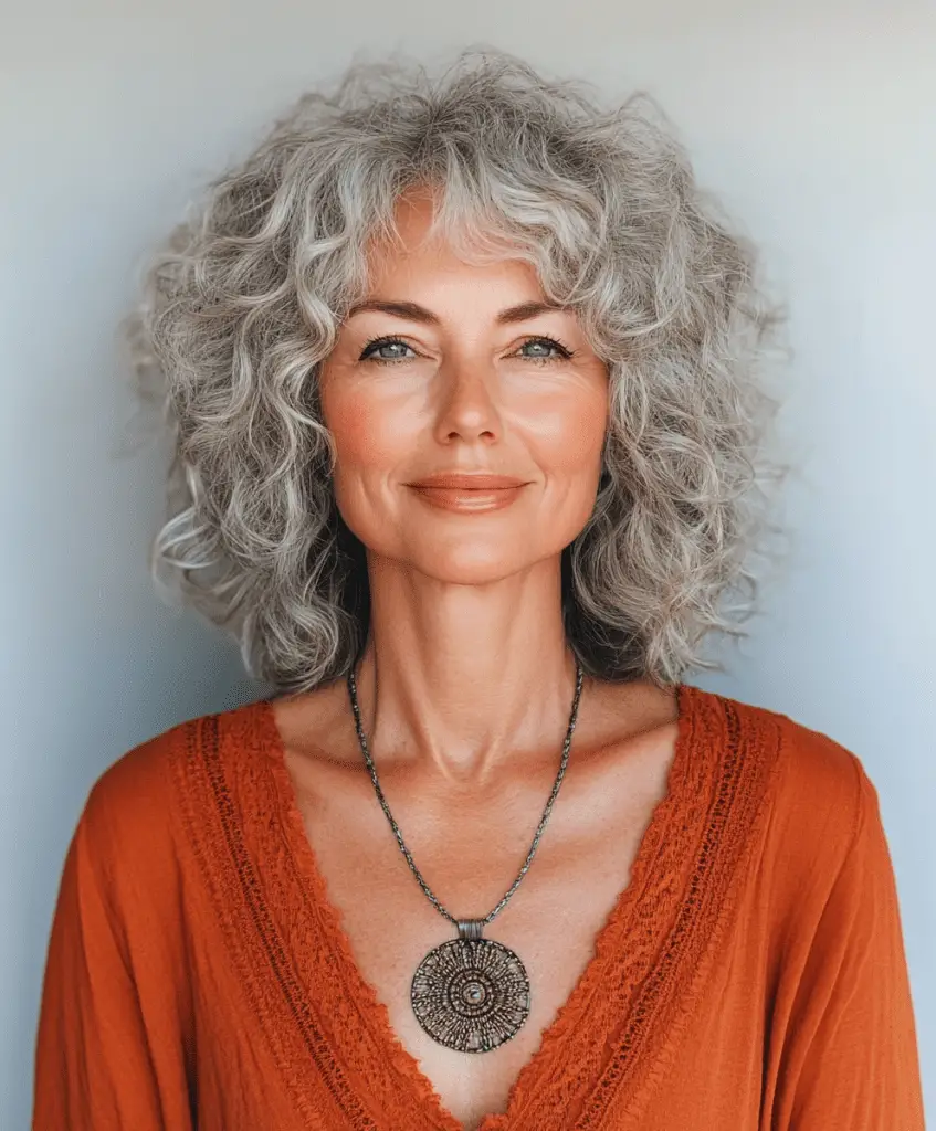 Curly bob with curved bangs hairstyle for women over 50