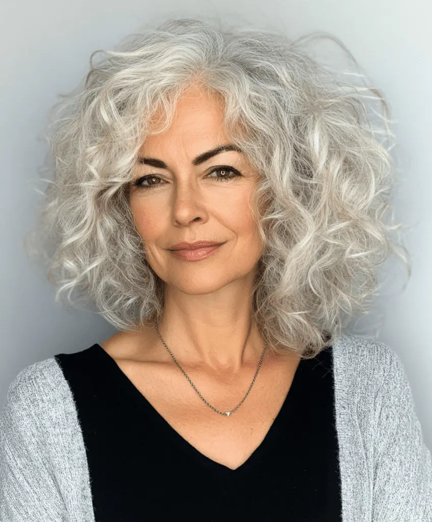 Curly bob with an asymmetrical cut for older women