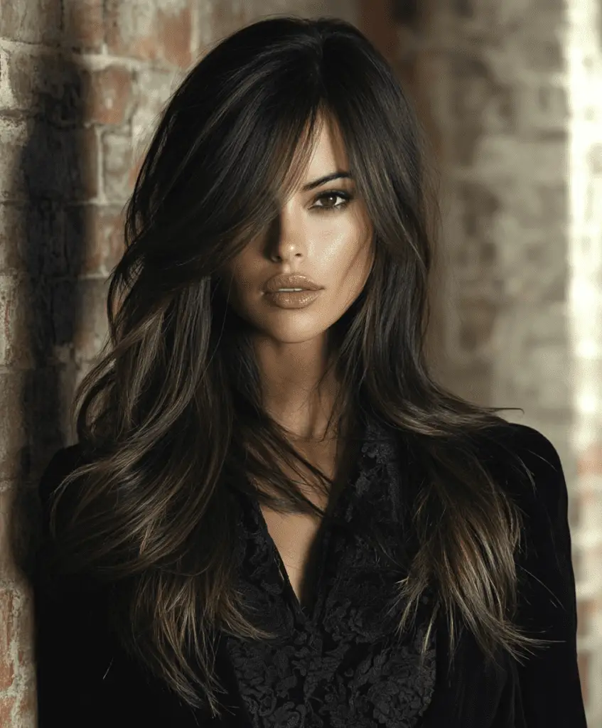 Woman with sleek straight long hair and side bangs, her dark brown hair creating a modern look