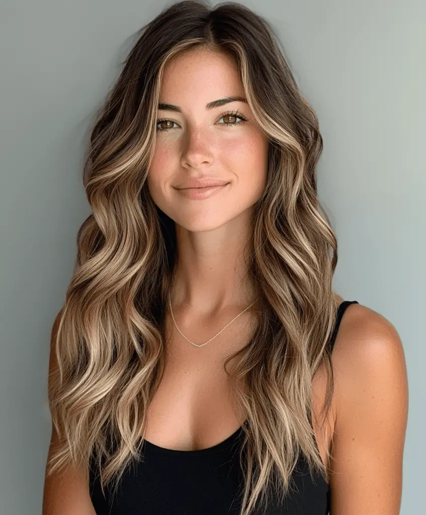 Woman with long textured waves in blonde hair, adding volume and movement to her hairstyle