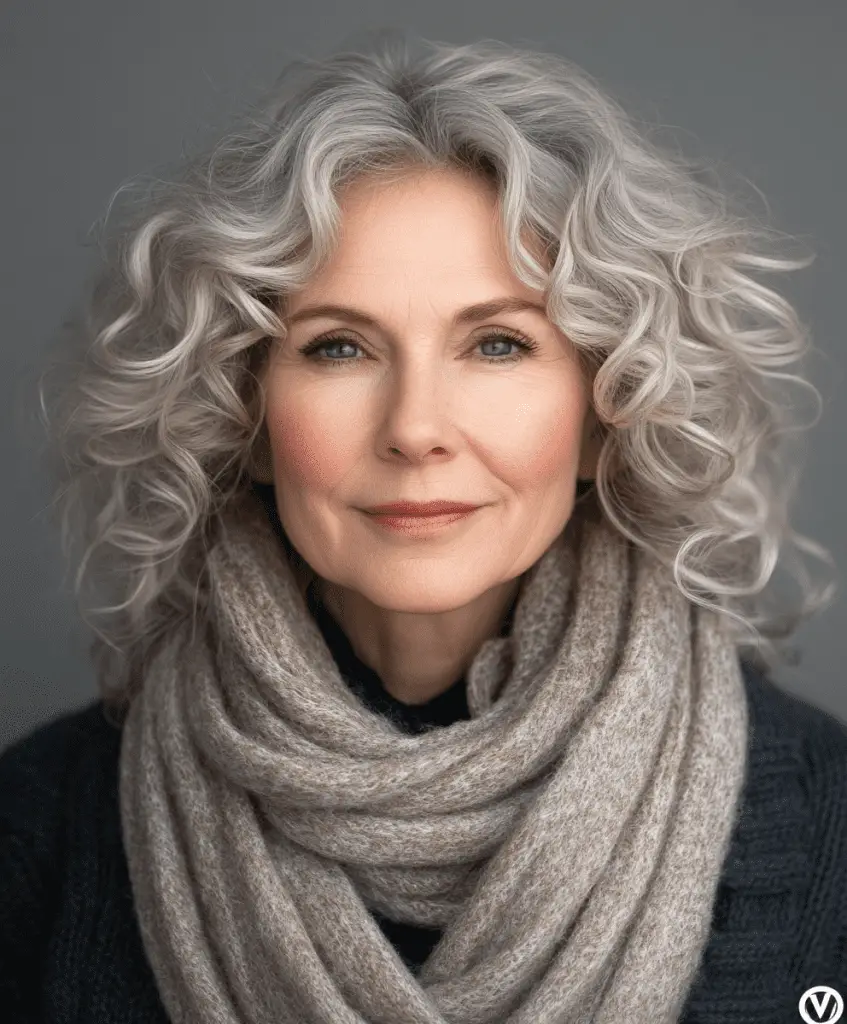 Soft curls with gray highlights for women in their 60s