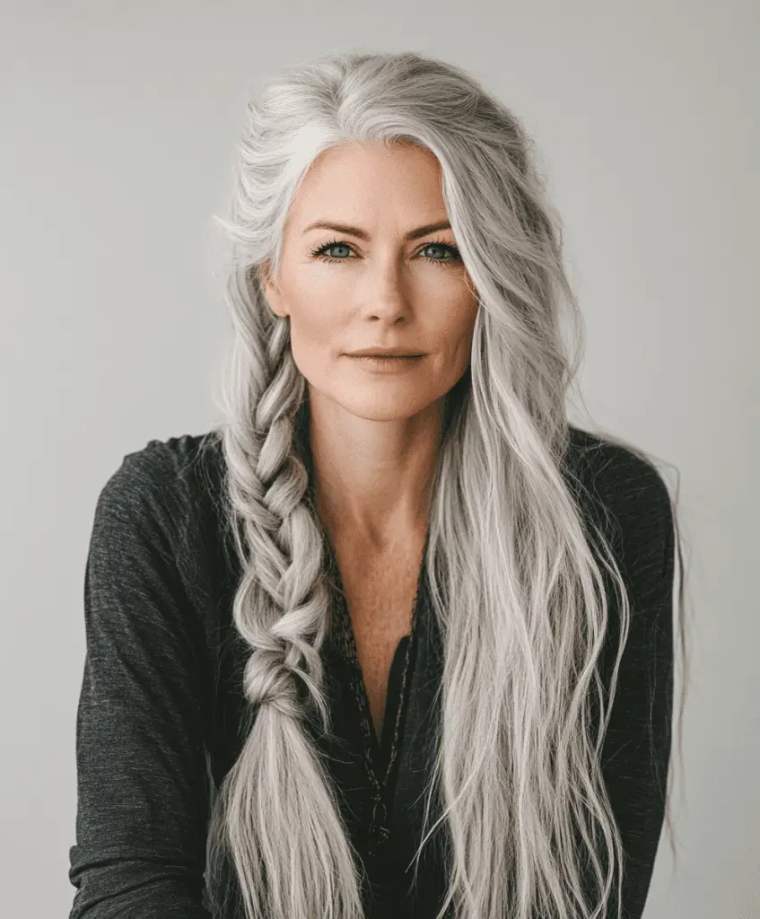 Long wavy hair with dark roots for women over 50