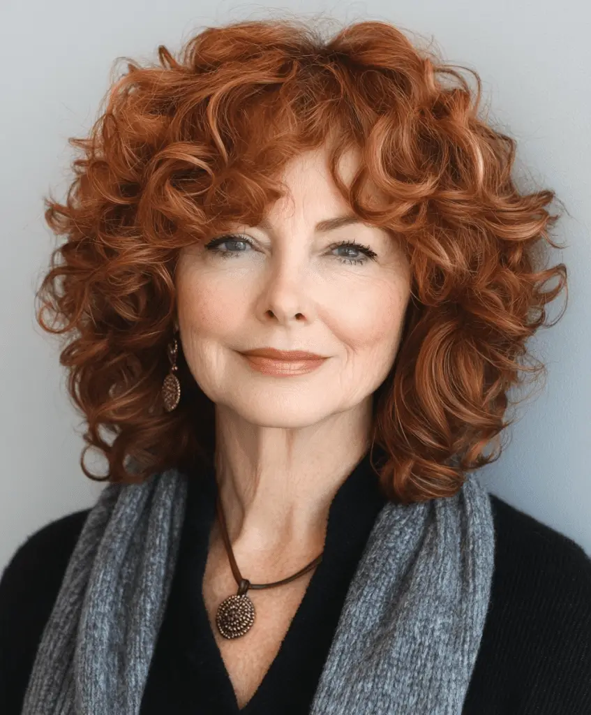 Curly bob with side-swept bangs hairstyle for older women